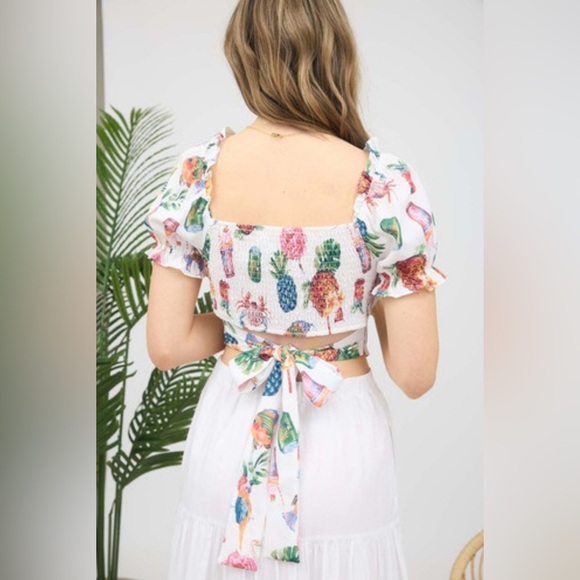 Mine Pina Colada Tropical Top Corset Crop Multicolor Puff Sleeve Size M NWOT - Picture 4 of 14